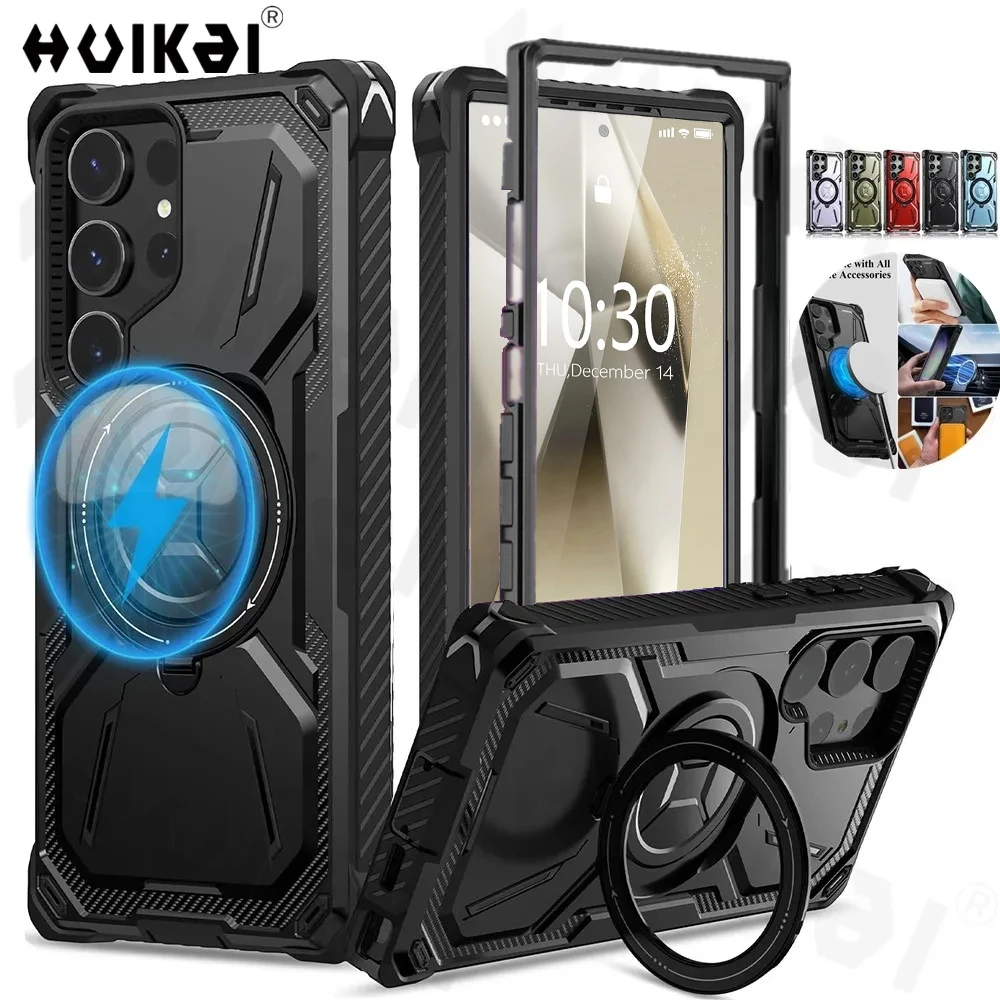 Casing untuk Samsung Galaxy S25 Ultra S24 Ultra S23 Magnetik Aman Mag Tugas Berat Penyerap Guncangan Pelindung Tubuh Kickstan Dapat Diputar