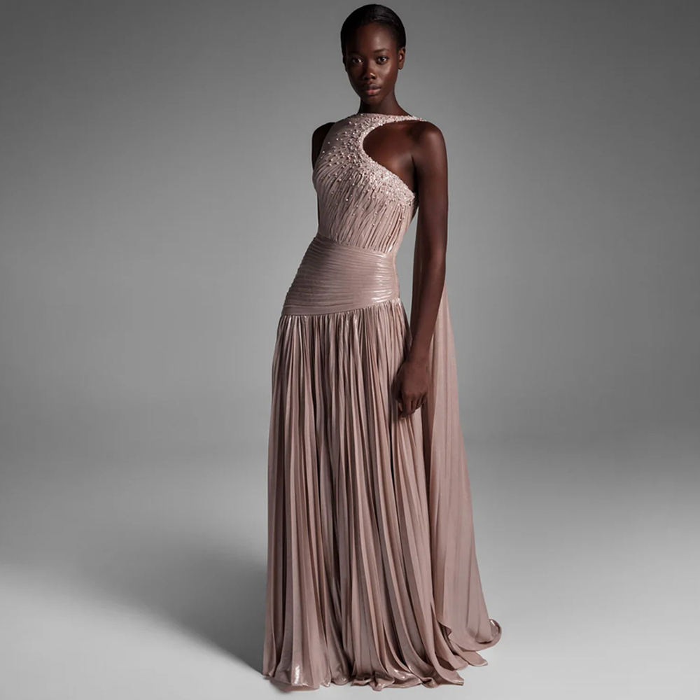 Temperament Customized Evening Dress Exquisite One Shoulder Sleeveless Celebrity Gowns Sparkly  Crystal Pearls Vestido De Festa