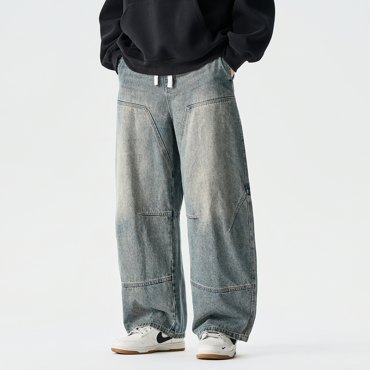 Calças Jeans Masculinas Vintage de Cintura Elástica Pretas 2026 Primavera - Calças Masculinas Harajuku Hip Hop de Algodão Oversize com Perna Larga