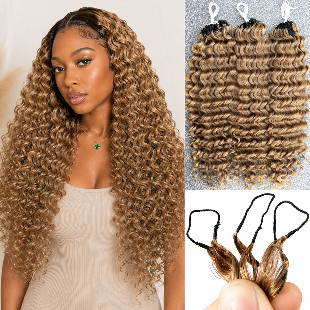 Extensiones de Cabello Humano con Crochet, Ondas Profundas, Color Rubio Miel, Pre-Separadas, Sin Nudos, Invisibles, Marca Miracle Knots