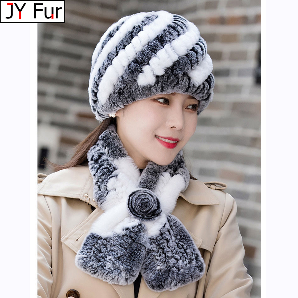 Hot Sale Women Winter Real Rabbit Fur Hat Scarf Sets Natural Rbbit Fur Hat Scarves Lady Warm Real Rabbit Fur Cap Muffler 2 Piece
