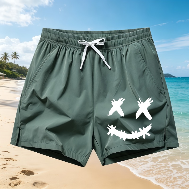 Men's Casual Smile Face Print Beach Shorts, Quick Dry Drawstring Swim Trunks with Pockets, Loose Fit Board Shorts for Gym S-5XL