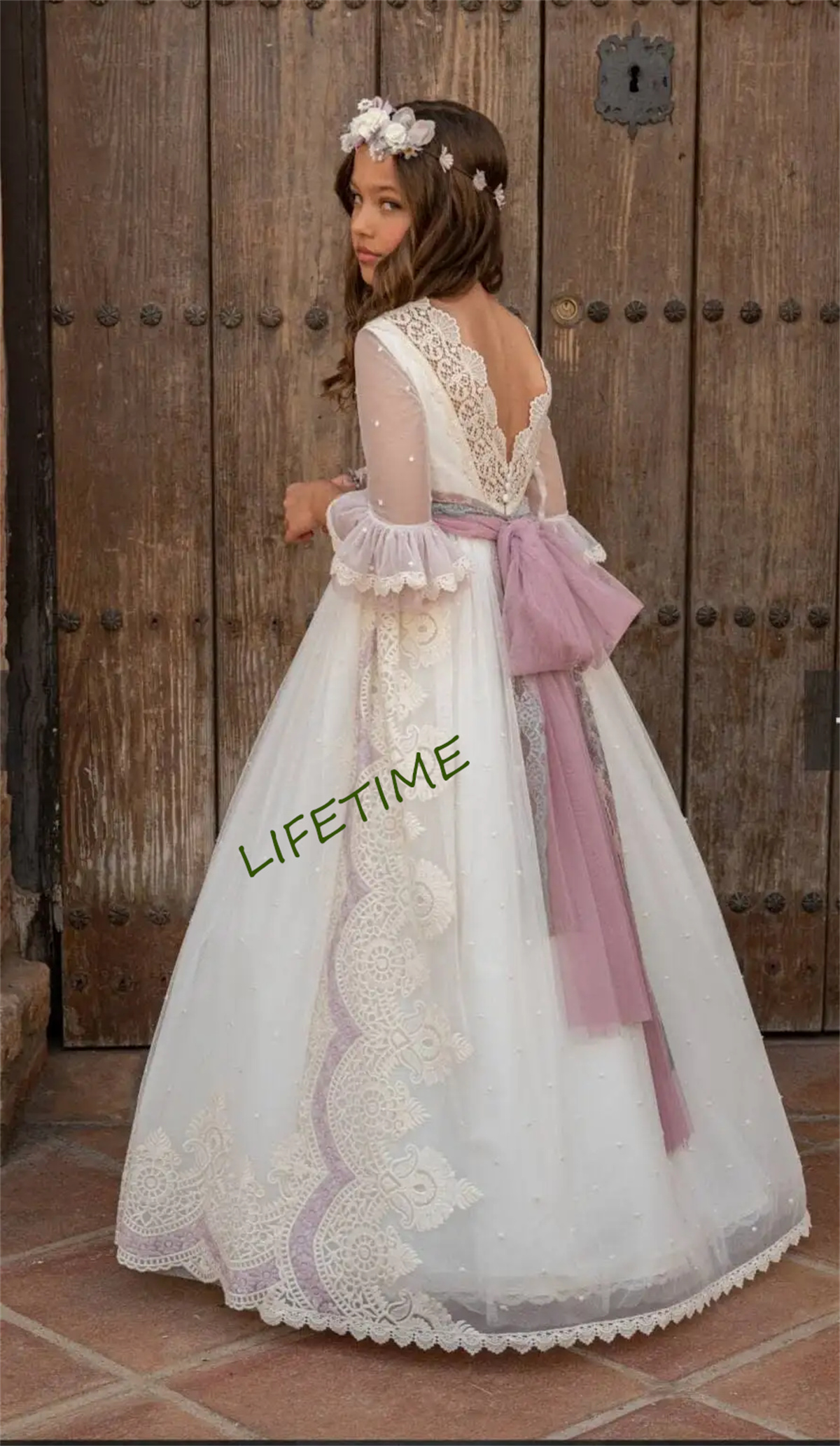 Vestido de comunión para niña con media manga, falda larga de vapor, escote cuadrado, elegante patrón Retro, lazo bordado, minibride