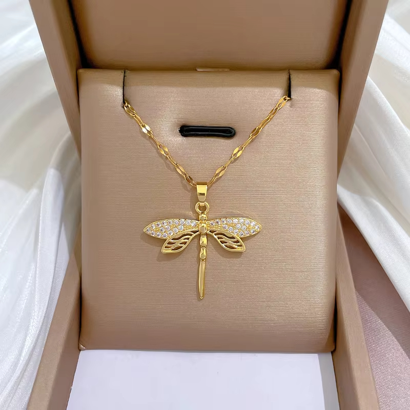 Colares de asas de libélula cor dourada para mulheres colar de cristal de aço inoxidável joias diárias presentes