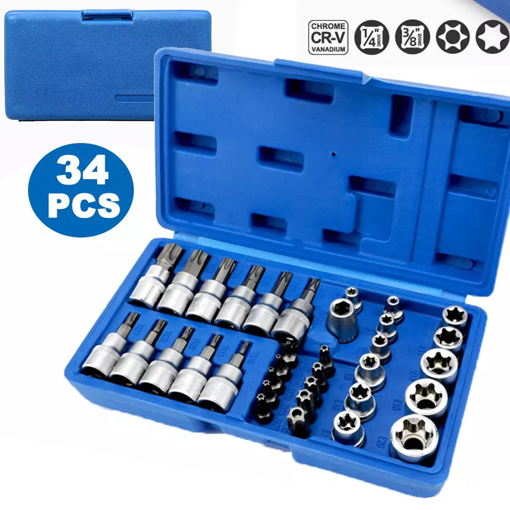 34 Stuks Torx Star Sockets & Bit Set Mannelijke/Vrouwelijke E- Security Bits Drive Handheld Tool Torque Star Socket Met Blauwe Behuizing