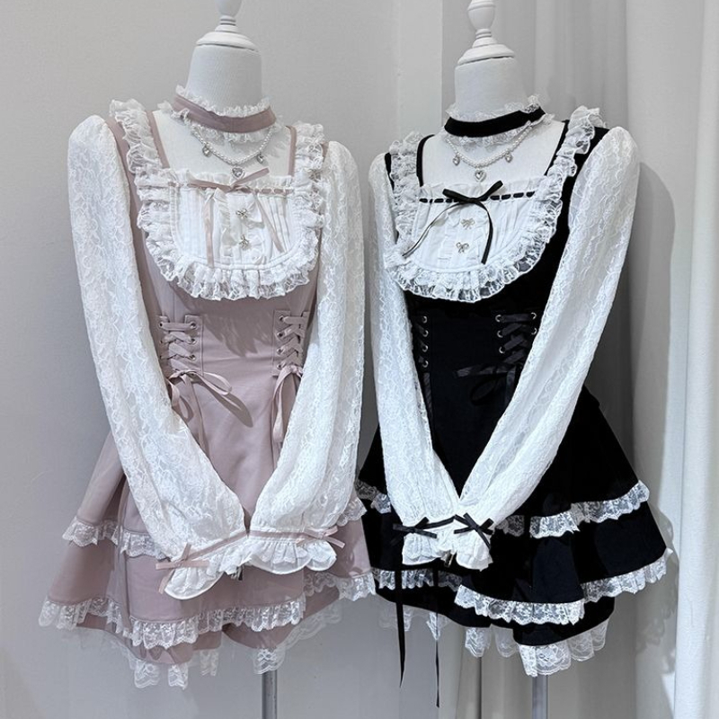 Ensemble de robe gothique japonaise Y2k avec nœud en strass pour femmes, Style Lolita doux, à volants en dentelle, robes Slim à bandes, robes de soirée thé Kawaii