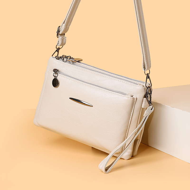 Borsa a tracolla piccola da donna retrò semplice tinta unita Borsa a tracolla multistrato in morbida pelle PU Borsa a tracolla casual di grande capacità