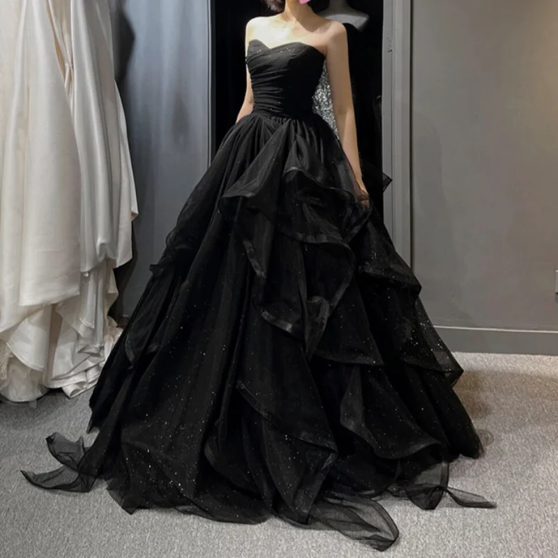 อารมณ์ที่กําหนดเองสีดําElegant Wedding Party Dresses StraplessฉัตรDraped Prom Robe 2025 ใหม่ชุดบอลอย่างเป็นทางการชุดWom
