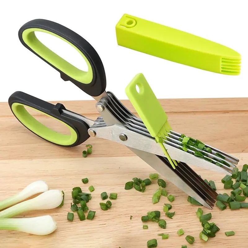 Tijeras multicapa de acero inoxidable, tijera de cocina, tijera para cebolla verde, tijeras para cortar hierbas con cubierta segura, cizalla para carne y verduras