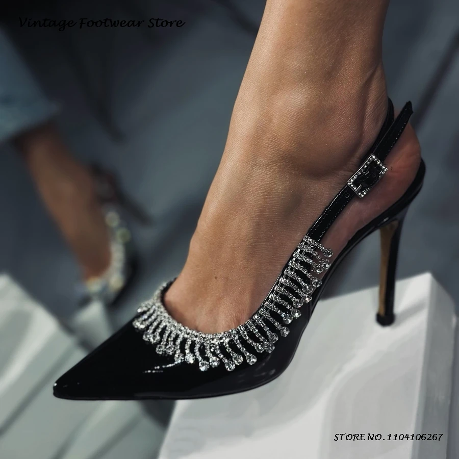 Escarpins à talons fins avec boucle en cristal et chaîne, chaussures élégantes à bout pointu, Slingback, talons aiguilles de soirée, printemps été 2025, 2025