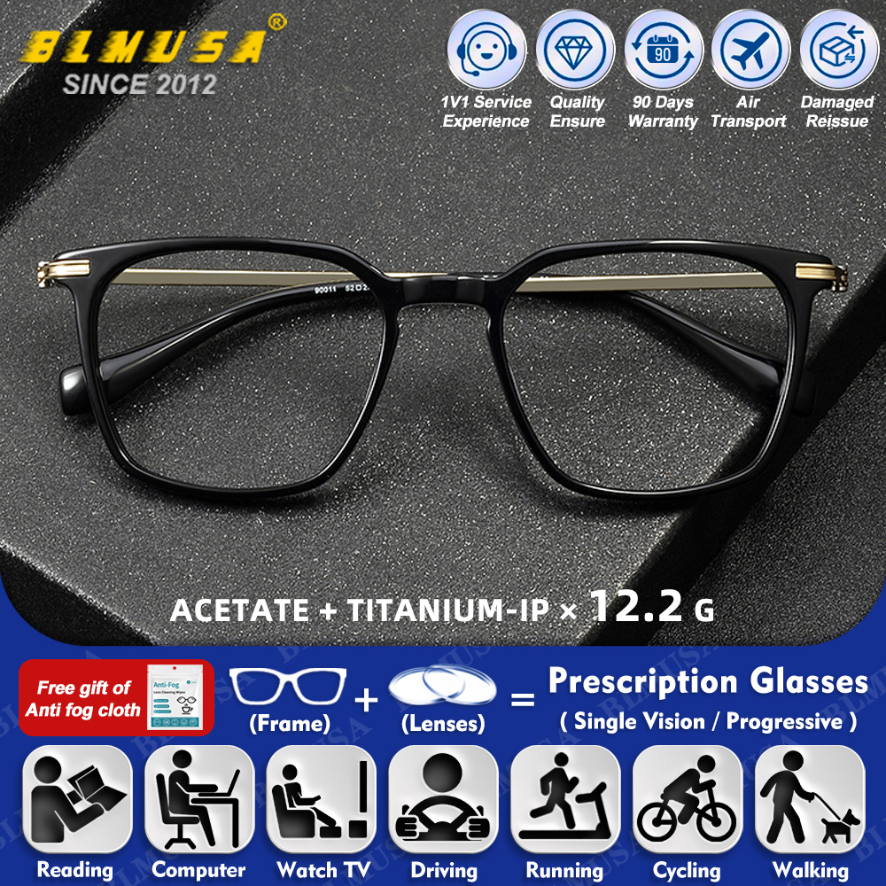 BLMUSA (M) lunettes de Prescription Anti-lumière bleue à monture carrée en acétate Simple pour hommes, en titane de haute qualité, pour myopie et hypermétropie