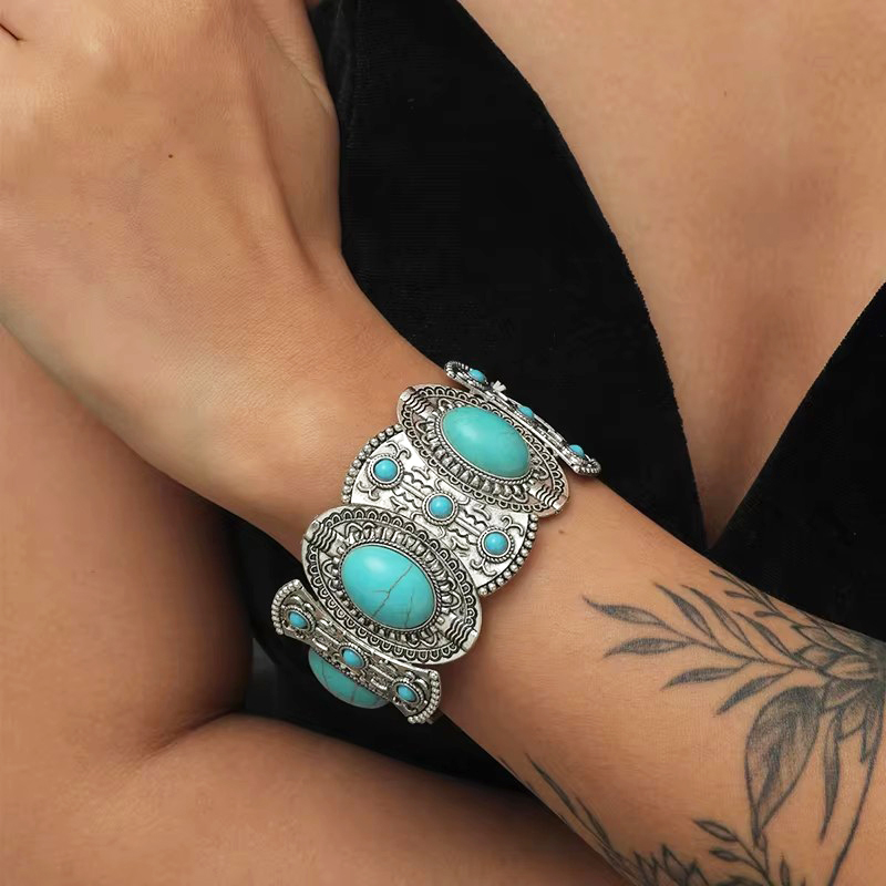 Vintage boho imitação turquesa pulseiras elásticas pulseiras para mulheres étnica esculpida cor prata pulseira de metal jóias de férias