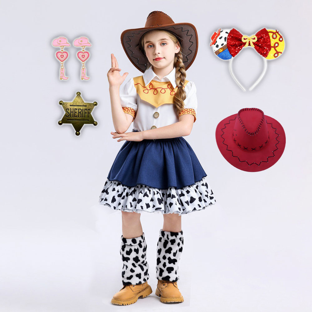 Disfraz de Vaquera del Oeste para Niña 2026, Falda de Doble Capa con Estampado de Vaca y Calentadores de Piernas, Disfraz de Fiesta, Película, Juguete, Vestido Elegante de Jessie