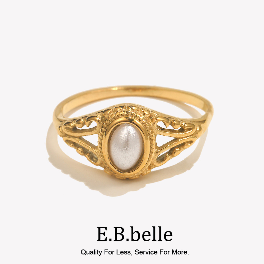 Ebbelle fino 18k banhado a ouro textura oca natural anéis de pérola de água doce para mulheres anel de ouro livre de manchas de aço inoxidável