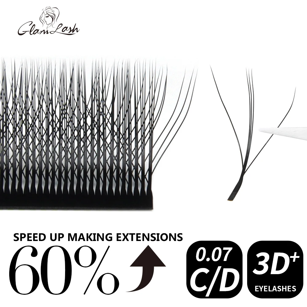 Extensiones de pestañas GLAMLASH en forma de W, abanicos de volumen prefabricados de tres núcleos 3D, pestañas estilo W, pestañas naturales suaves y fáciles de abanicar
