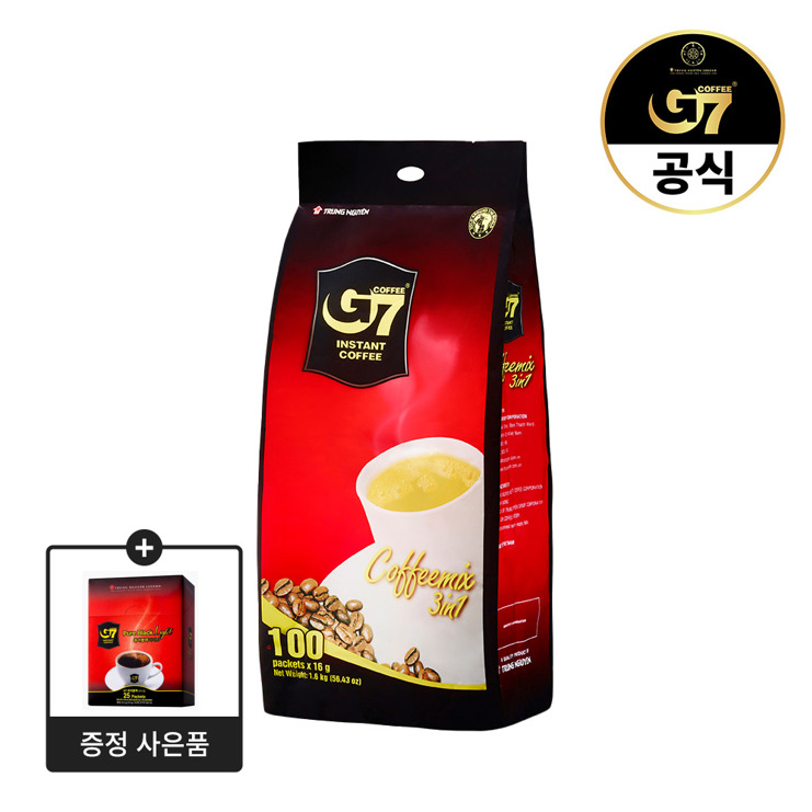 *G7 베트남 커피 3in1 커피믹스 16g X 100개입 + 퓨어블랙 라이트 25개입 증정*