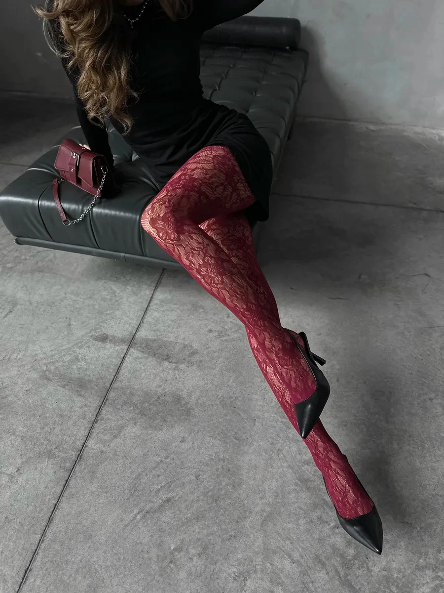 Koweït Y2K mode gothique fleur évider collants Sexy femmes résille bordeaux collants haute élastique Leggings