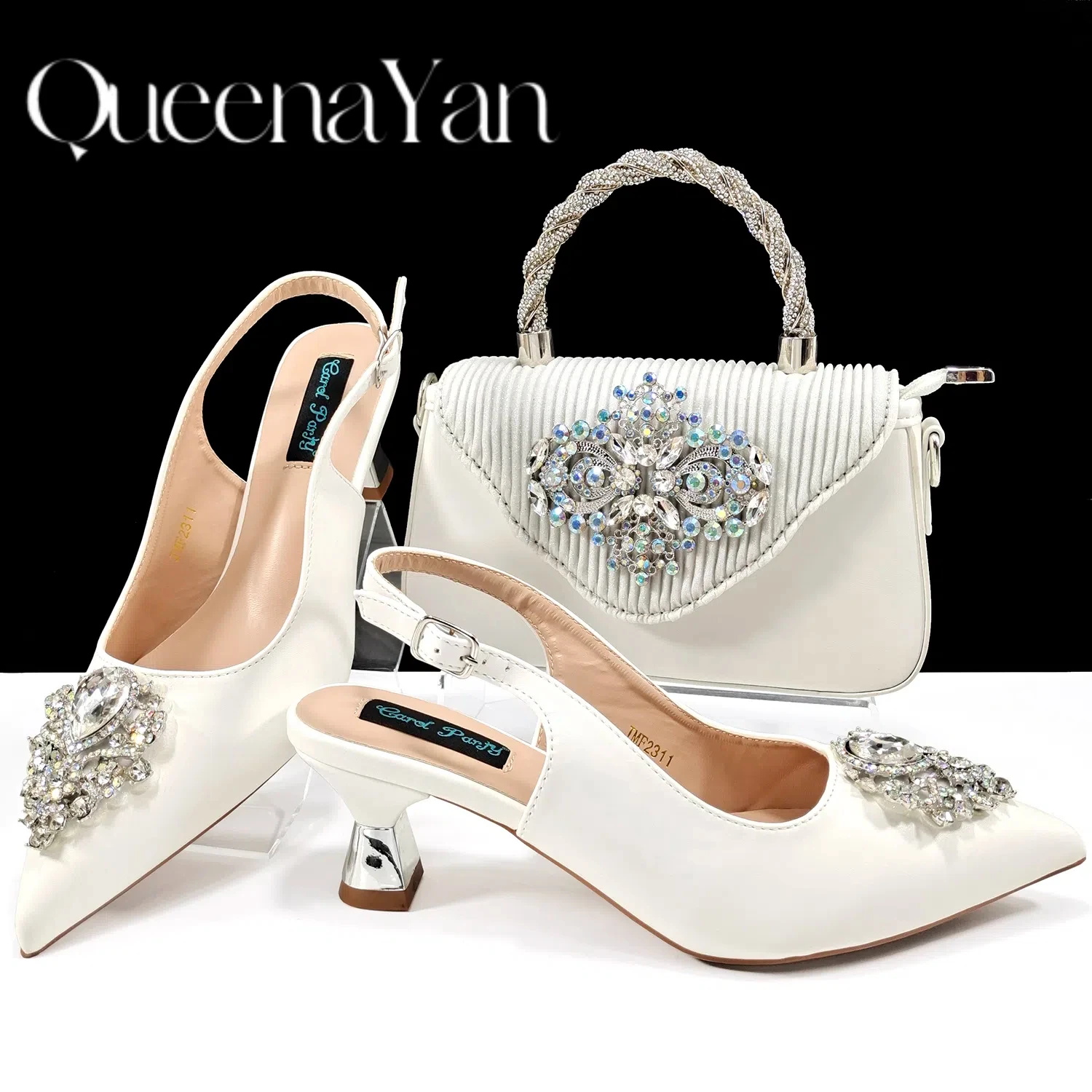 Hot Selling Elegant Noble Colorful Rhinestone Design White Color Party Wedding Pointed Toe High Heel Women Shoes and Bag Set