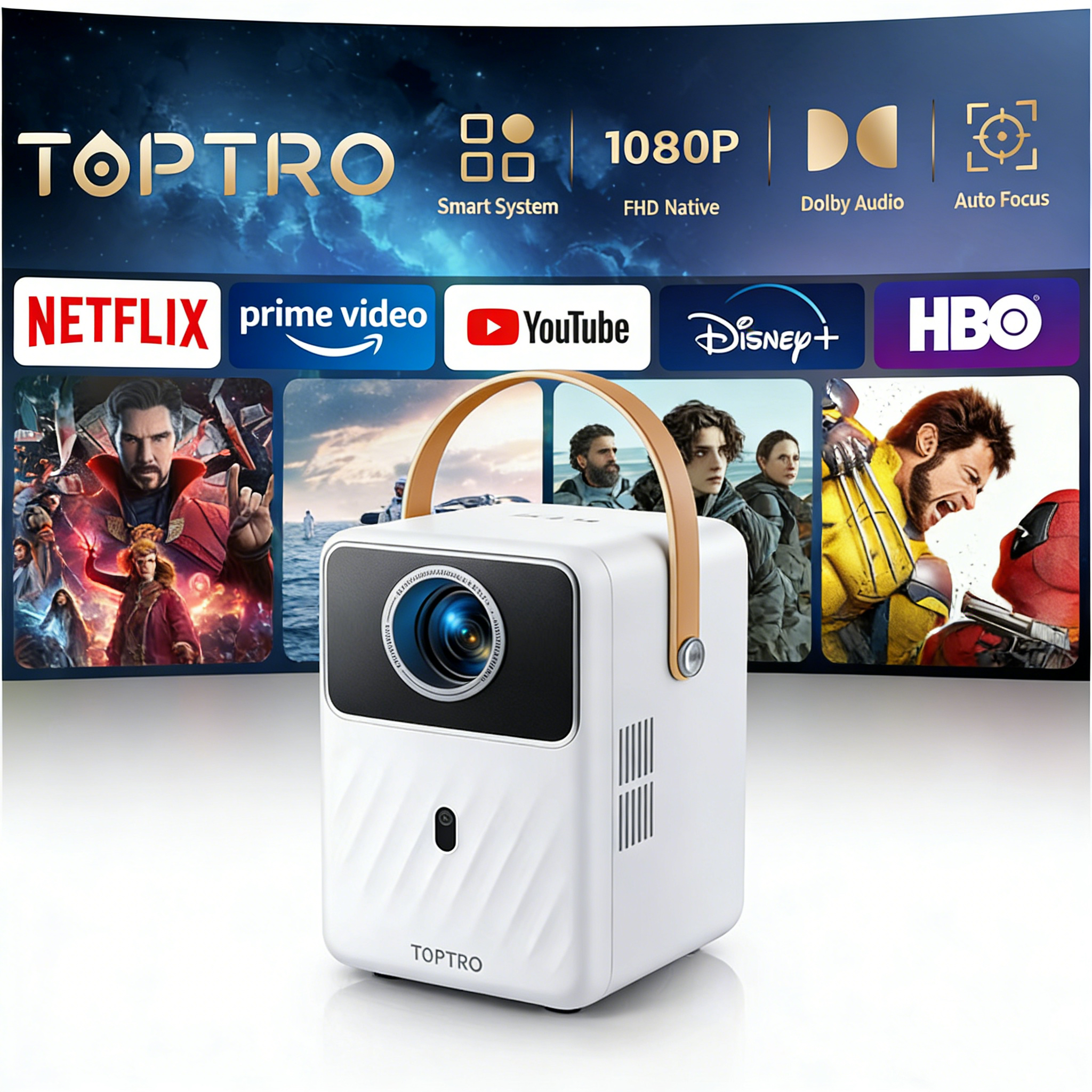 TOPTRO Projector Android 9.0 1080P 380ANSI Draagbare projector 1280*720P Auto Keystone Elektrische focus Ingebouwde batterij Home Cinema