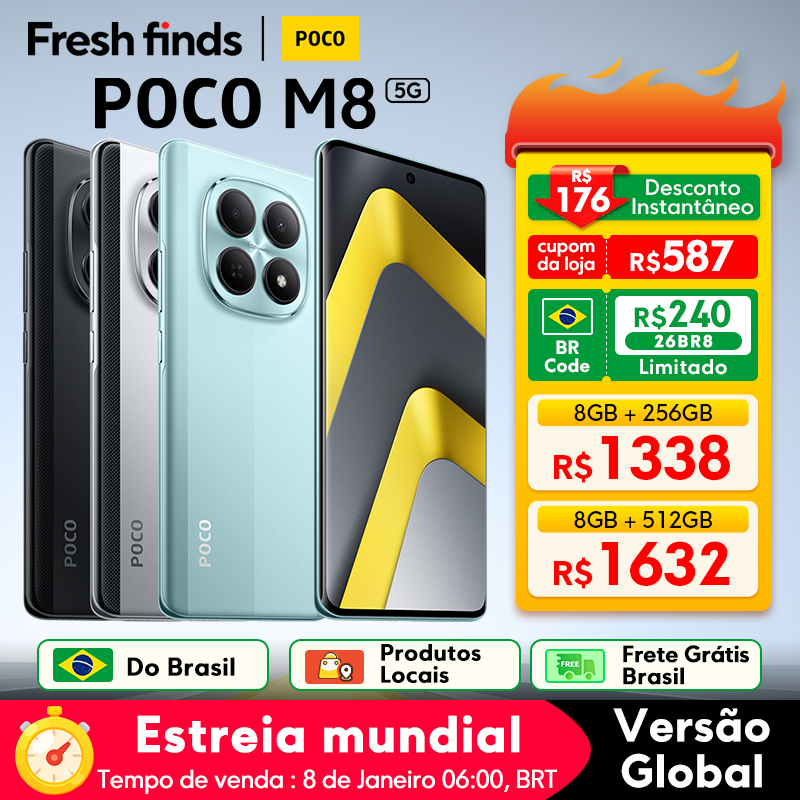 【Estreia Mundial】POCO M8 5G Celular Versão Global Snapdragon®  6 Gen 3 50MP Câmera 6,77" tela AMOLED 120Hz 5520mAh 45W NFC