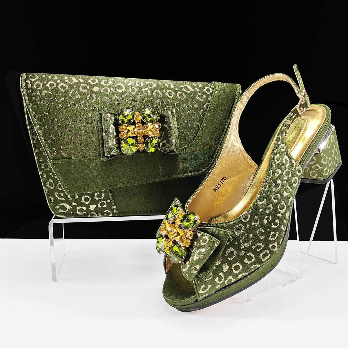 Doershow Italienische grüne Schuhe und Taschensets für Abendpartys mit Steinen. Italienische Lederhandtaschen passen zu Taschen! 1-1