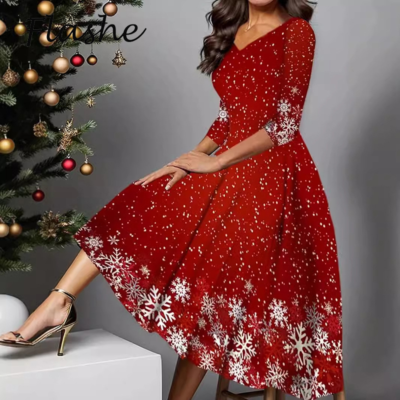 Vestido de Navidad para mujer, elegante vestido de fiesta acampanado de manga larga, vestido largo rojo a la moda para primavera y otoño de talla grande 2024