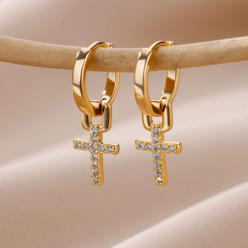 Zirkoon Cross Drop Earring voor Vrouwen 2023 Goud Kleur Rvs Oorbellen Luxe Oor Gesp Sieraden Huwelijksgeschenken pendientes