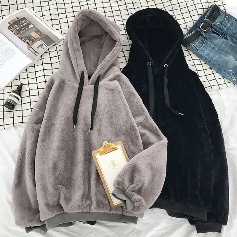 Women's Warm Fleece Hoodies Autumn Winter Thickened Plush Sweatshirt Tops Solid Color Loose Casual Pullover Female