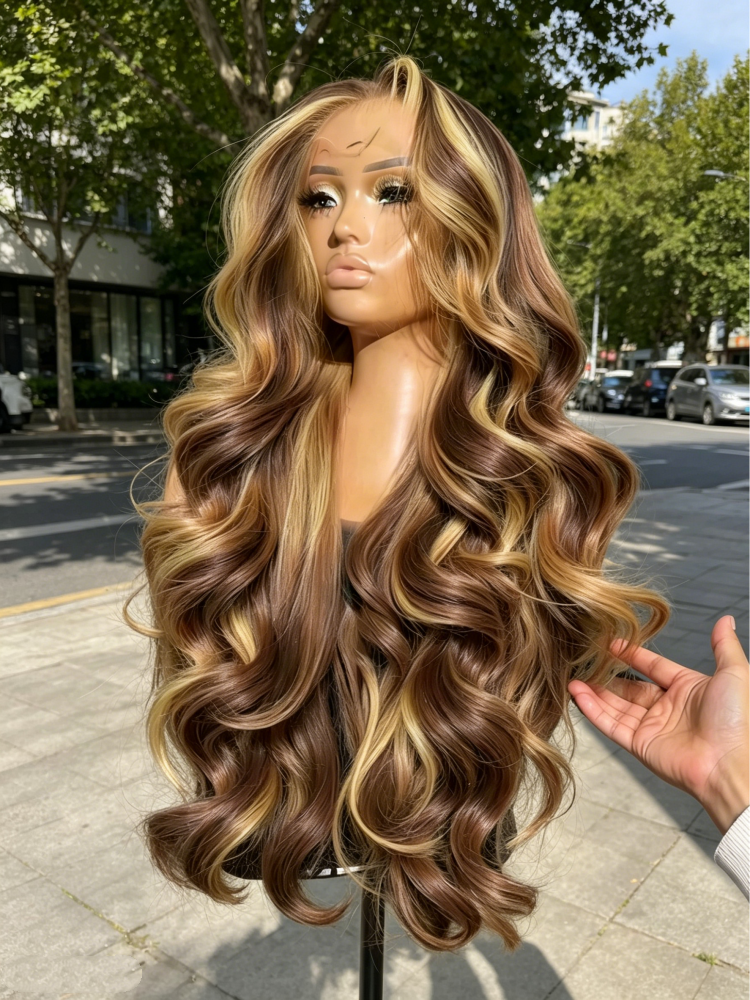 Peluca de Cabello Humano con Ondas Suaves, Encaje Frontal 13x4, Densidad 250, Rubio Miel con Reflejos Ombre 4/27, Pre-Desplumada