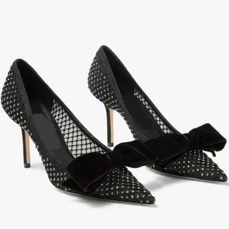 Crystal Netslinback Butterfly Knot High Heels Sexy Pointed Toe Stiletto Accpet Customized New Arrivals Fashion Women Shoes