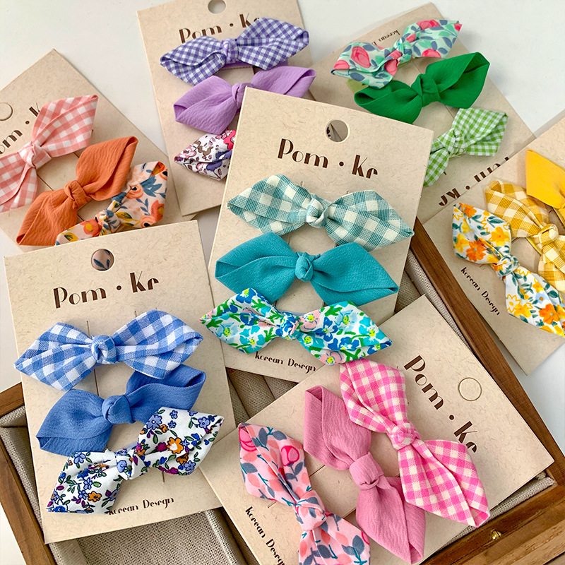 Conjunto de grampos de cabelo para meninas, arcos fofos, xadrez floral, franja, grampo de cabelo, acessórios coreanos para cabelo, doce, crianças, 3 tamanhos