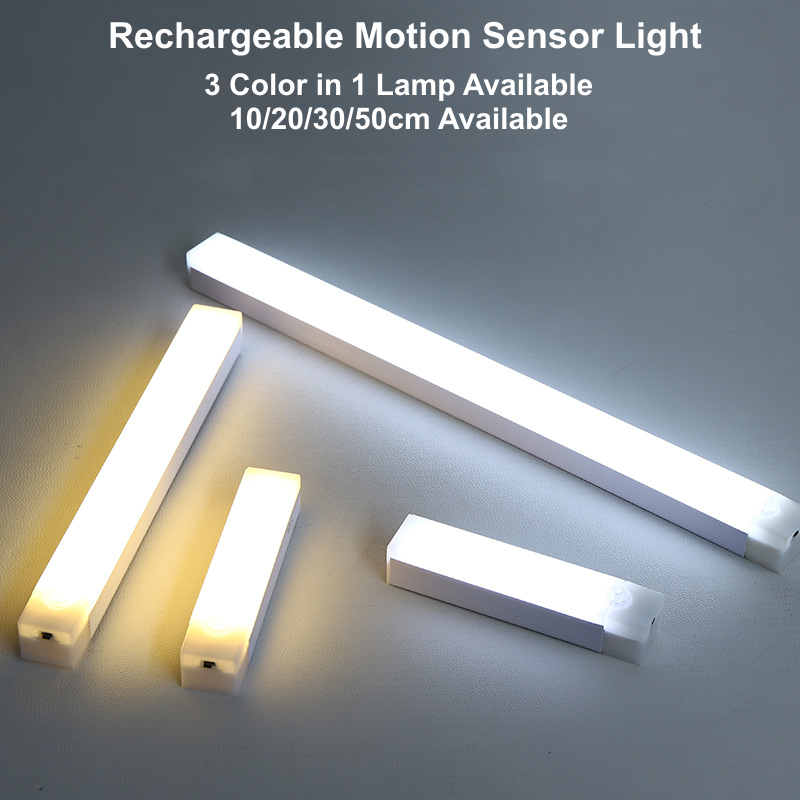 Lámpara con Sensor de movimiento, barra de luz LED inalámbrica, tira de luz nocturna recargable por USB para armario de cocina, escaleras, pasillo