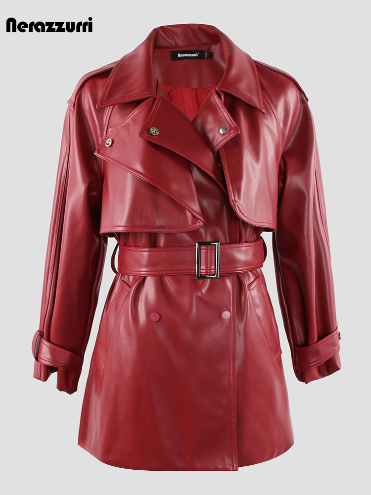 Nerazzurri-Manteau en Faux Cuir pour Femme, Vêtement de Luxe, Élégant, Chic, Doux, Vin Rouge, Ceinture, Haute Qualité, Printemps, Automne, 2023