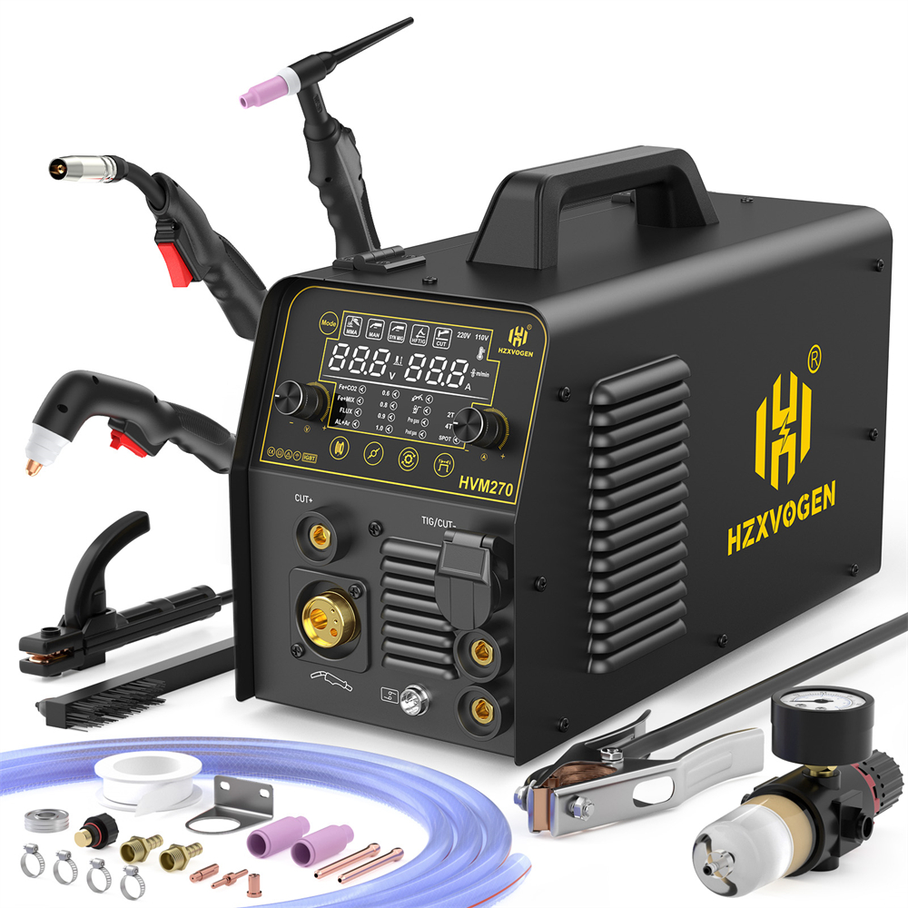 HHZXVOGEN HVM270 6 w 1 Aluminiowa Spawarka Wielofunkcyjna Cięcie/Gaz MIG/MIG Bezgazowy/HF TIG/MMA ARC Spawanie Elektrodą Cyfrowy Ekran 2T/4T Spawarka Inwertorowa do Spawania Nierdzewnej Stali, Żeliwa, Wielofunkcyjna Przecinarka Plazmowa i Spawarka w Jedny