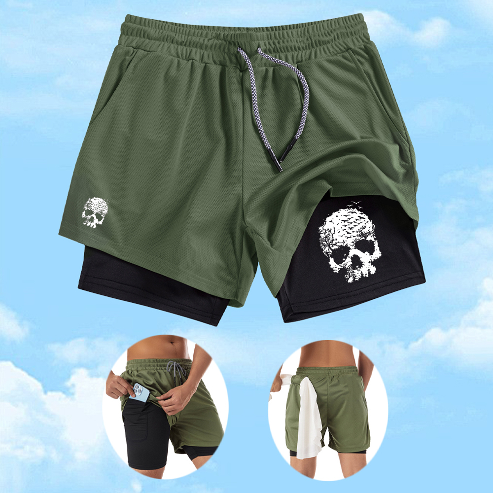 Celana Pendek Olahraga Kasual Pria 2 in 1 dengan Motif Tengkorak, Celana Renang Surfing Fashion Kasual, Pakaian Dasar untuk Liburan Musim Panas dan Lari