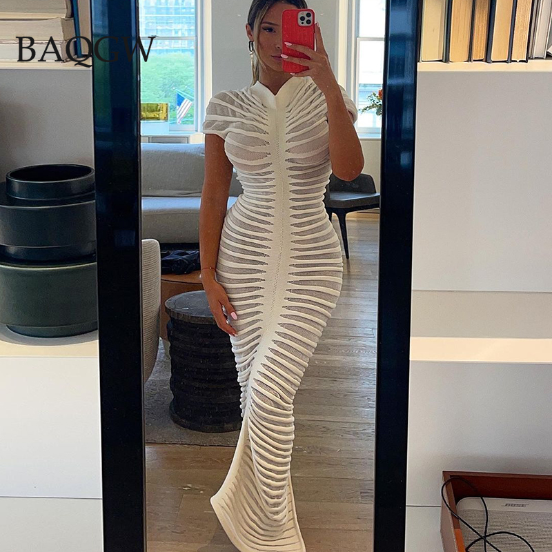 Designer donna elegante a righe scava fuori Sexy Party Club sera Streetwear aderente bianco lavorato a maglia abiti lunghi vestiti estivi