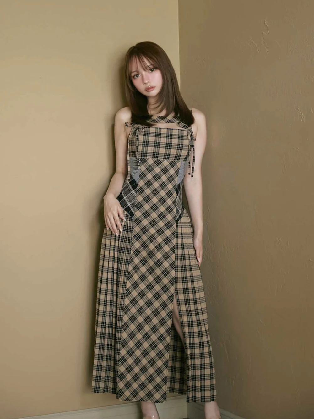 秋冬チェック柄ニット蝶結びツーピースセットロングドレスカバーアップハイウエストノースリーブ漢服風レディースドレス