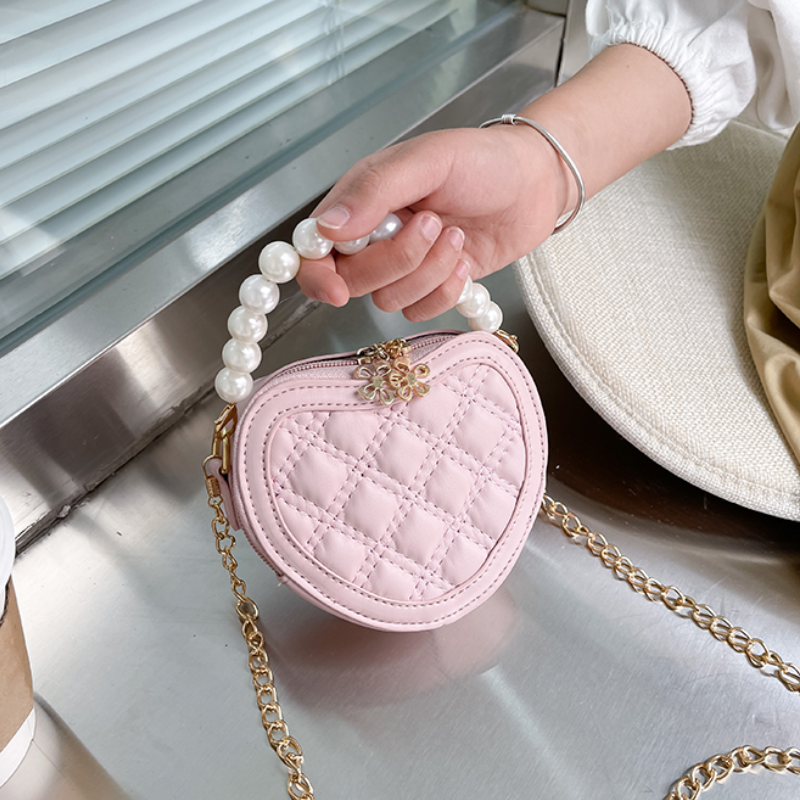 Mini bandolera de hombro con mango de perla para niñas, cartera de princesa, monedero, bolsos, bonitos bolsos cruzados en forma de corazón para niños