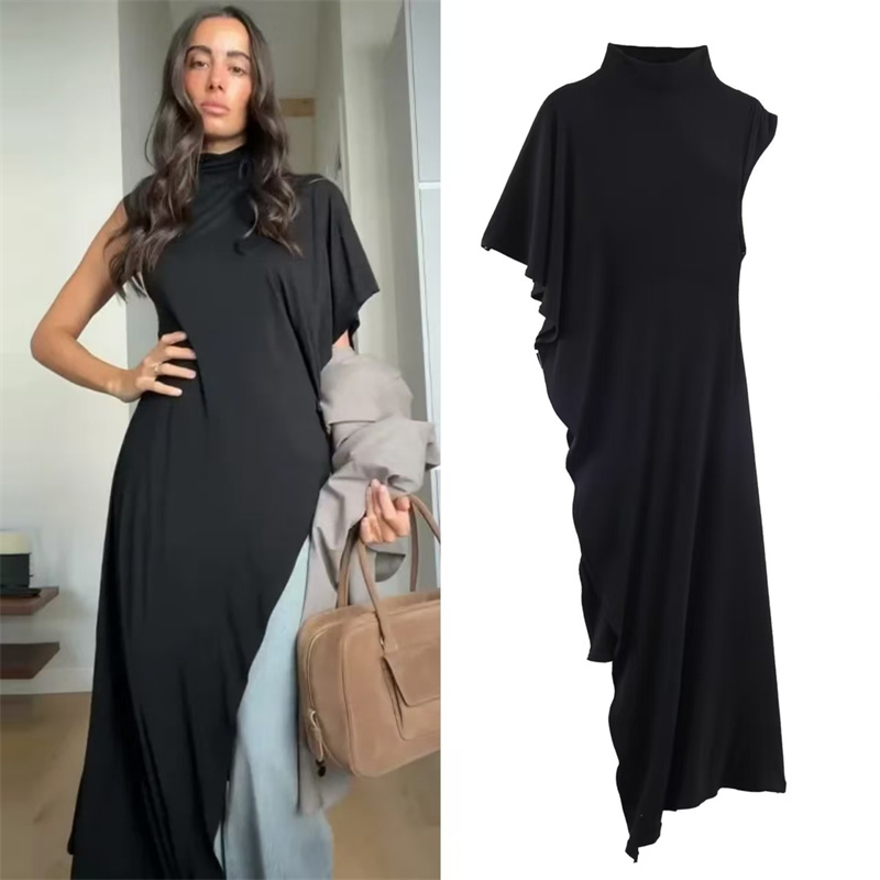 Dames Top 2026 Lente Nieuwe Stijl Zwart Korte Mouwen Hoge Hals Asymmetrisch Geplooide Decoratieve Top Elegant en Stijlvol Persoonlijk