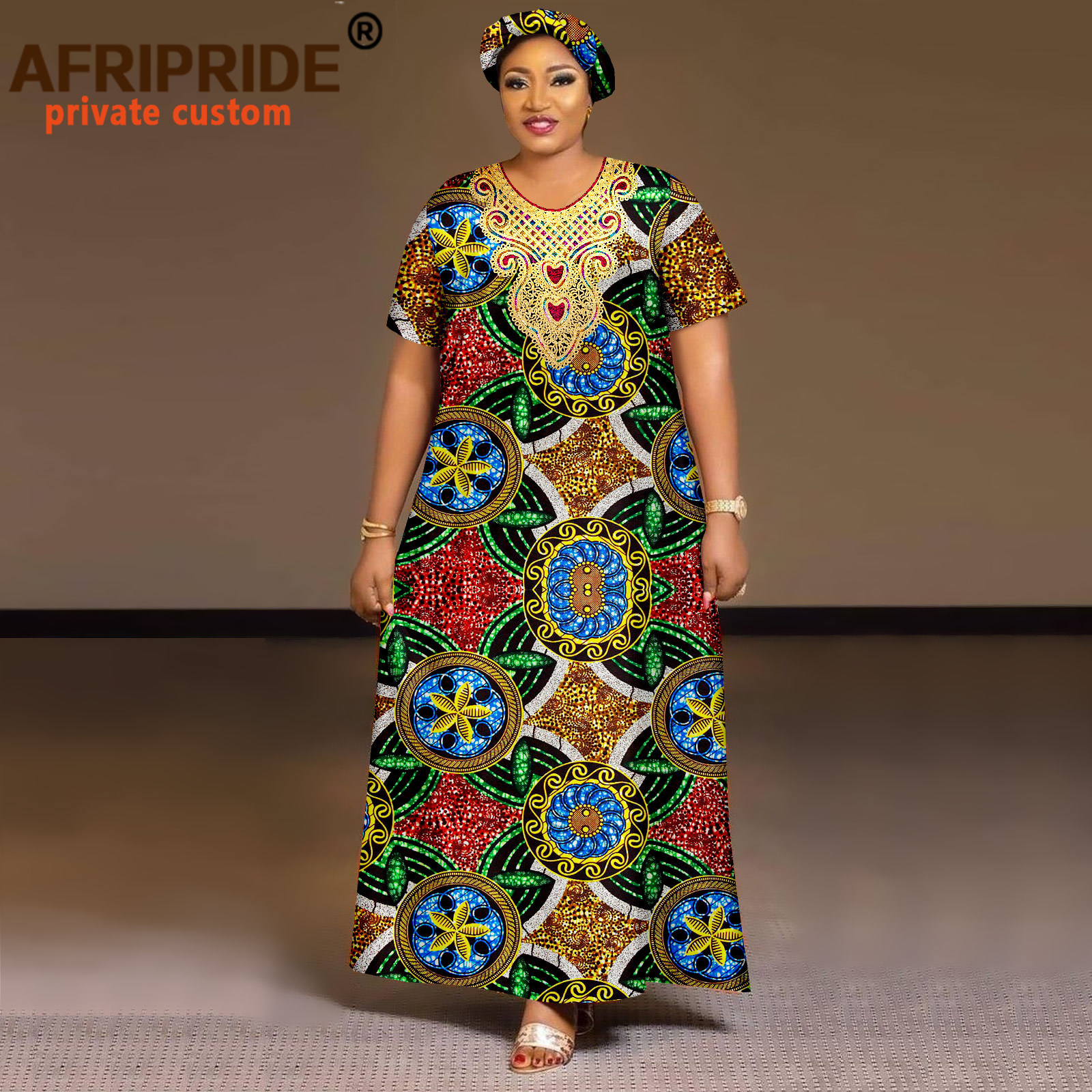 Afripride Dashiki Jurken Voor Vrouwen Tailor Made Korte Mouwen Enkellange Casual Katoenen Jurk A2225048