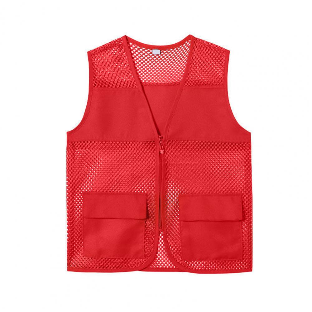 Gilet de pêche ajouré avec fermeture éclair, Double poches, col en v, gilet de travail pour volontaire, couleur vive, coupe ample, unisexe