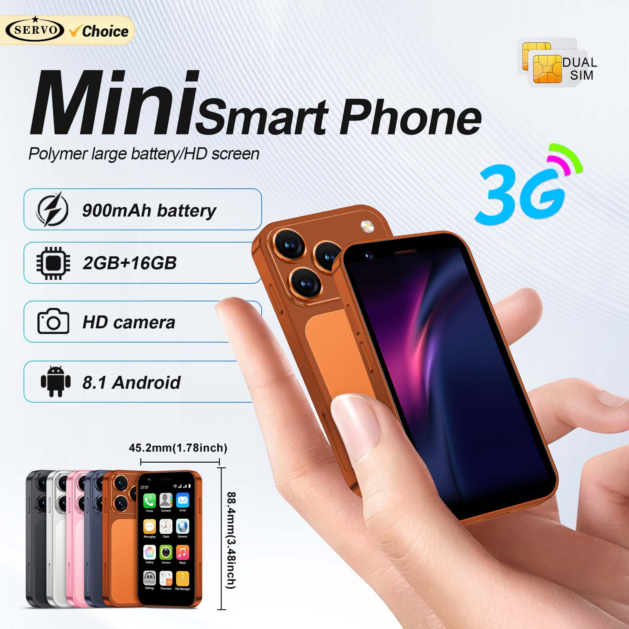SERVO 18SE MINI Teléfono Inteligente Pequeño Android, Doble SIM, 3G WCDMA, 2GB + 16GB, Play Store, Zona WiFi, Bluetooth, GPS, Desbloqueo Facial, Cámara, Pantalla de 3.0", Linterna, Tipo C, Teléfonos Inteligentes