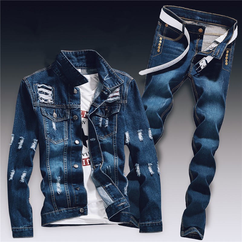 Frühling Mens Denim Zwei Stück Set Loch Zerrissene Slim Fit Jacke Jeans Sets Männlichen Casual Vintage Ropa Hombre Fracht Anzug streetwear