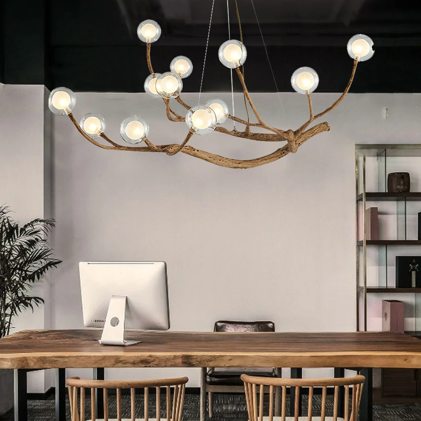 Żyrandol w stylu nowoczesnym z 12 żarówkami, lampa sufitowa LED w stylu rustykalnym z regulowanym łańcuchem, ciepłe białe szklane klosze do jadalni