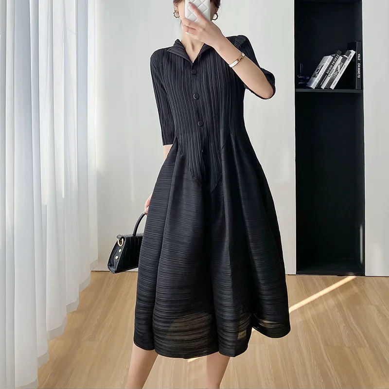 Miyake vestido plissado feminino 2023 elegante fino verão novo casual vestidos de comprimento médio roupas femininas