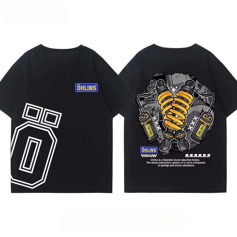 OHLINS オートバイ ショックアブソーバー 改造 Tシャツ 服 カジュアル トレンディ ブランド メンズ レディース カークラブ クルーネック 半袖 トップス