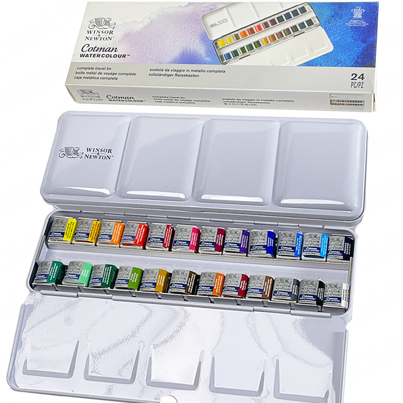 Winsor Newton Cotman-Peinture d'interconnexion solide, 24 demi-casseroles, couleurs, ensemble de pièces métalliques, pigment d'artiste professionnel, aquarelle