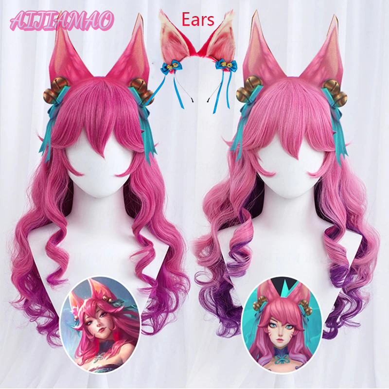 Spirit Blossom Ahri Cosplay LOL Cosplay mujeres 70cm peluca ondulada rizada larga Cosplay Anime pelucas sintéticas resistentes al calor + gorro de peluca