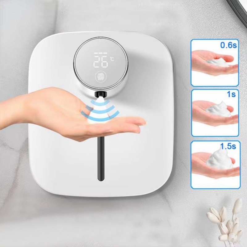 เครื่องจ่ายสบู่อัตโนมัติติดผนัง USB ชาร์จใหม่ได้ หน้าจอแสดงอุณหภูมิ เครื่องจ่ายสบู่อเนกประสงค์ ฆ่าเชื้อ