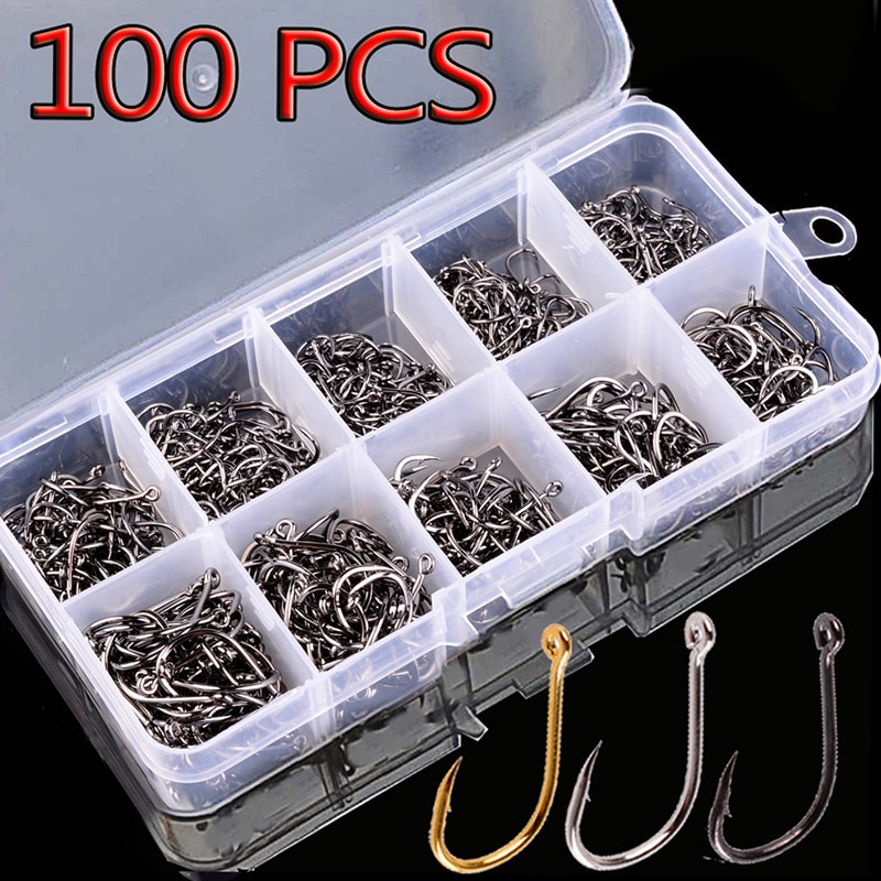 Ganchos de pesca Set 100Pcs Box 10 Series High Carbon Steel Único círculo Pesca Gancho Fly Fishing Jip Farpado Ganchos Carpa
